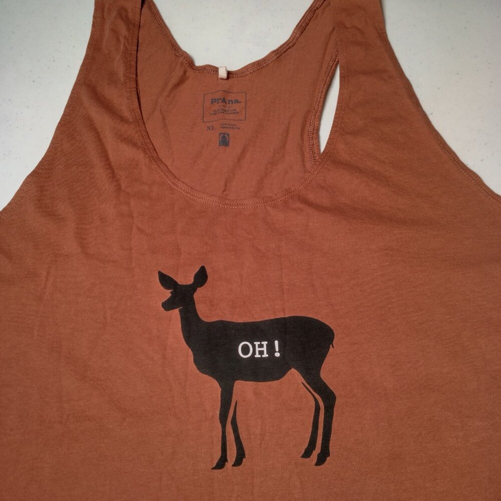 prAna Tank Top Women XL Oh Deer Graphic Terra Cotta Hike Outdoors Organic Cotton - Picture 3 of 11